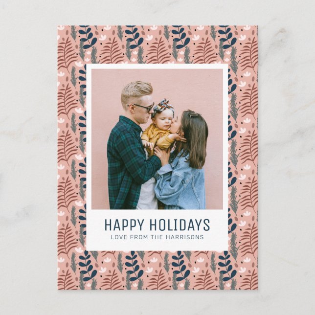 Whimsical Scandi Pink Foliage Pattern Family Photo Holiday Postcard (Front)