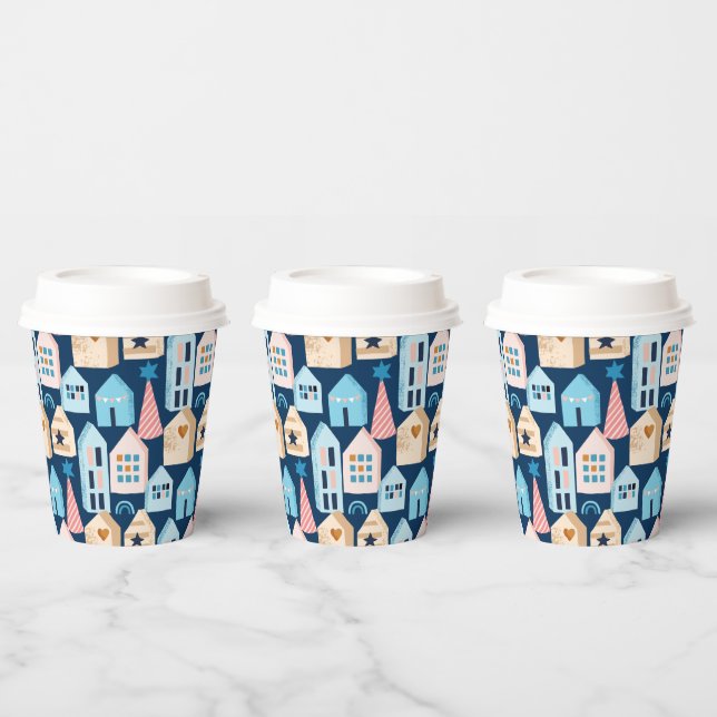 Whimsical Scandinavian Nordic Folk art Houses Paper Cups (Multi)