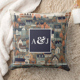 Whimsical Scandinavian Village Monogram Cushion