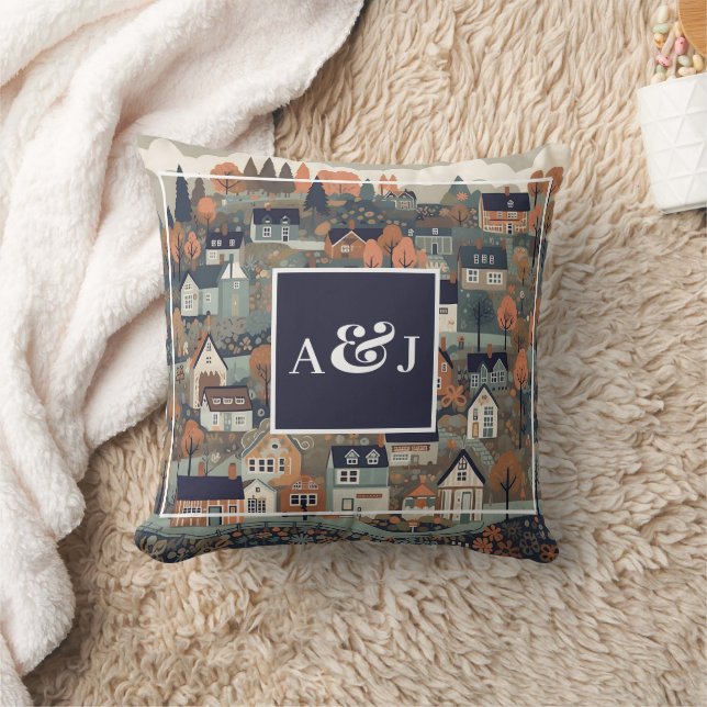 Whimsical Scandinavian Village Monogram Cushion (Blanket)