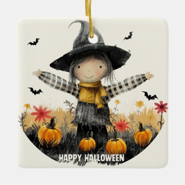Whimsical Scarecrow Halloween Ceramic Ornament (Front)