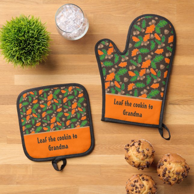 Whimsical Scattered Autumn Leaves Acorns Oven Mitt & Pot Holder Set (Top Down)