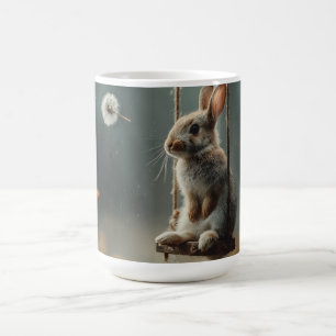 Whimsical Scene of a Cute Baby Bunny on a Swing Coffee Mug