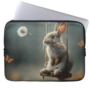 Whimsical Scene of a Cute Baby Bunny on a Swing Laptop Sleeve