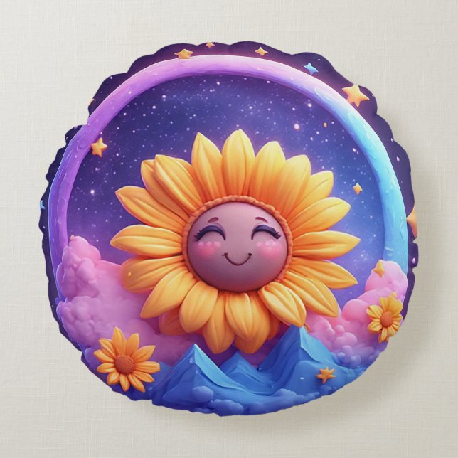 Whimsical Scene Surrounded by Sunflowers Round Cushion (Front)