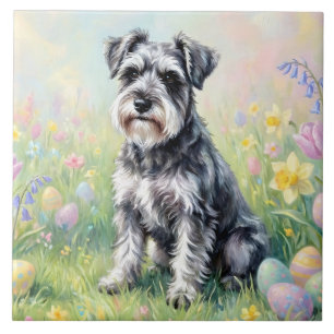 Whimsical Schnauzer with Easter Eggs Tile