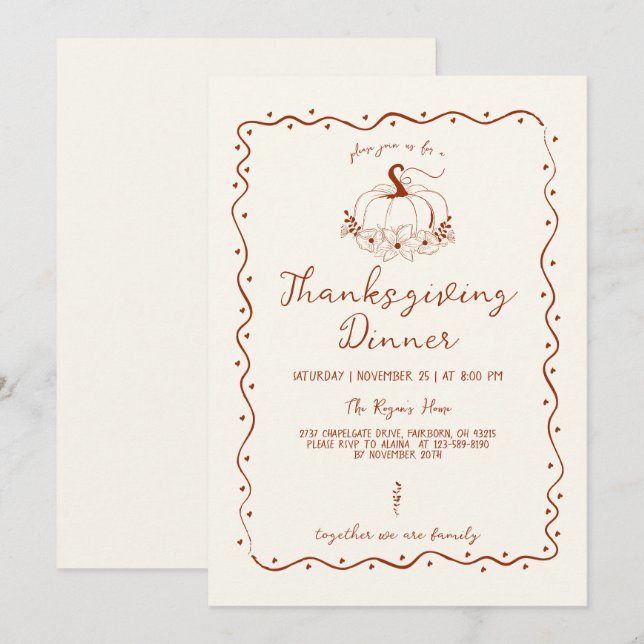 Whimsical Scribble Hand Drawn Pumpkin Thanksgiving Invitation (Front/Back)