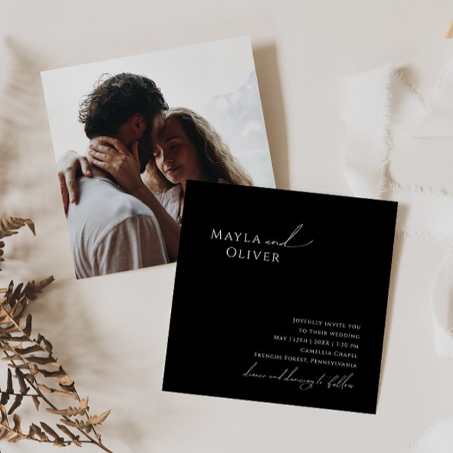 Whimsical Script | Black Photo Square Wedding Invitation (Creator Uploaded)