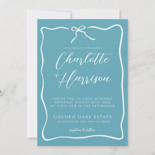 Whimsical Script Border Blue Ribbon Wedding Invitation