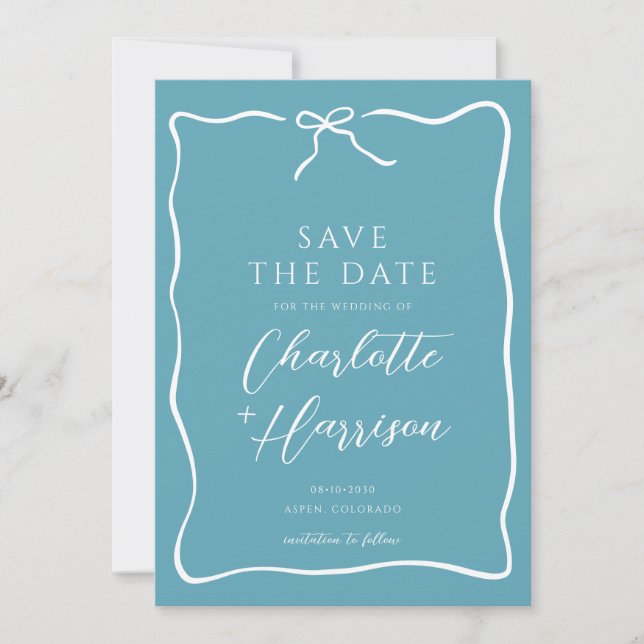 Whimsical Script Border Wedding Blue Save The Date (Front)