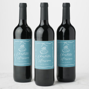 Whimsical Script Bow Border Wedding Blue Wine Label