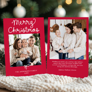 Whimsical Script Bow Red Christmas 2 Photo Holiday Card