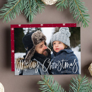 Whimsical Script Burgundy Merry Christmas Photo Holiday Card