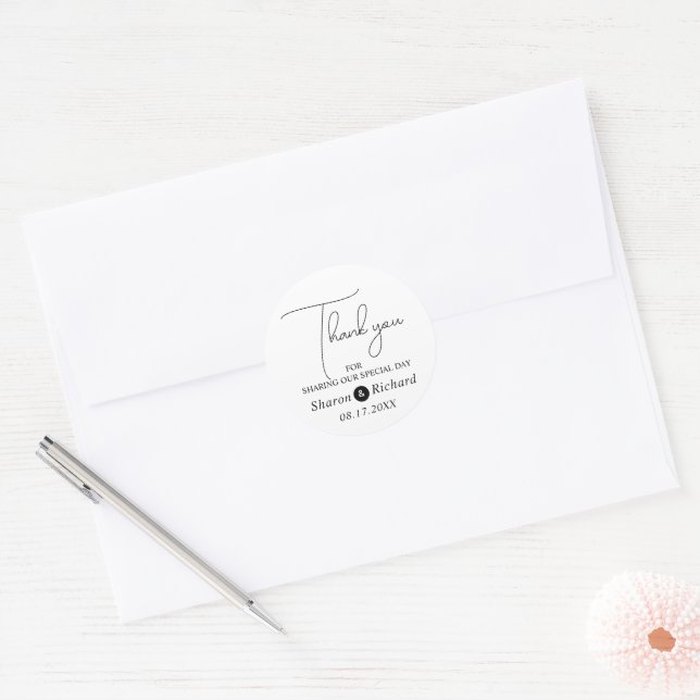 Whimsical script calligraphy Thank You wedding Classic Round Sticker (Envelope)