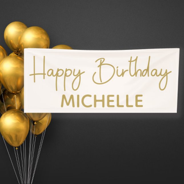 Whimsical Script Cream White Gold Happy Birthday Banner (Creator Uploaded)