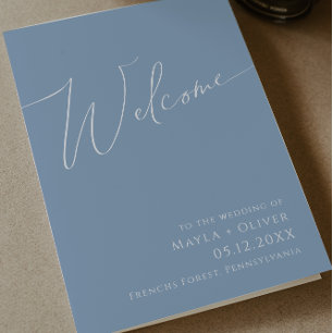 Whimsical Script   Dusty Blue Folded Wedding Programme