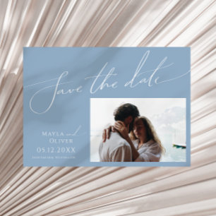 Whimsical Script   Dusty Blue Horizontal Photo Save The Date