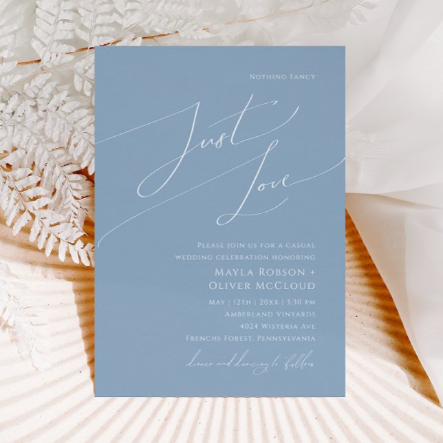 Whimsical Script | Dusty Blue Just Love Wedding Invitation (Creator Uploaded)