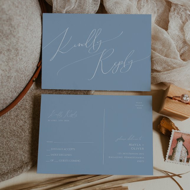 Whimsical Script | Dusty Blue Wedding RSVP Postcard (Creator Uploaded)