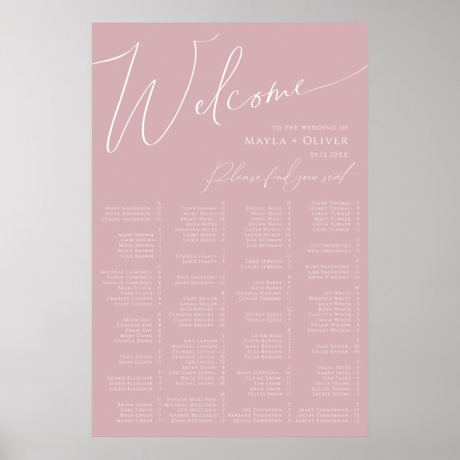 Whimsical Script | Dusty Rose Alphabetical Seating Poster (Front)