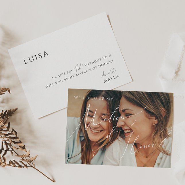 Whimsical Script Faded Photo Matron of Honor Card (Creator Uploaded)