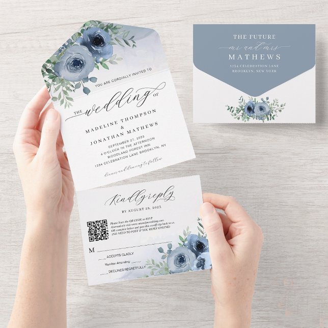 Whimsical Script Floral Dusty Blue QR Code Wedding All In One Invitation (Creator Uploaded)