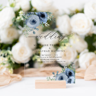 Whimsical Script Floral Dusty Blue Wedding Acrylic Invitations