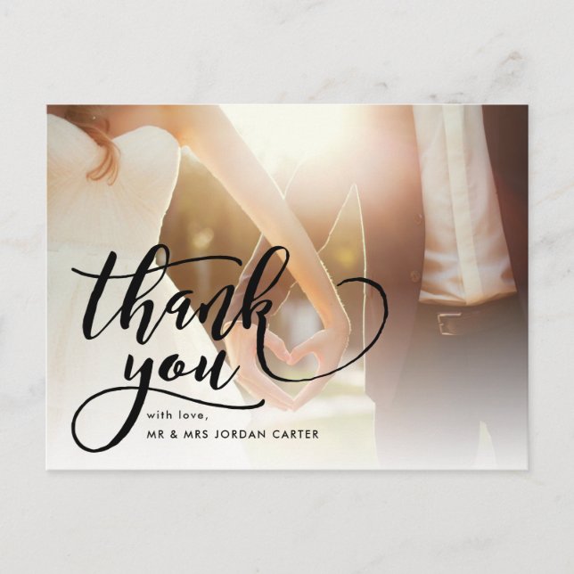 Whimsical Script Full Photo Wedding Thank You Postcard (Front)