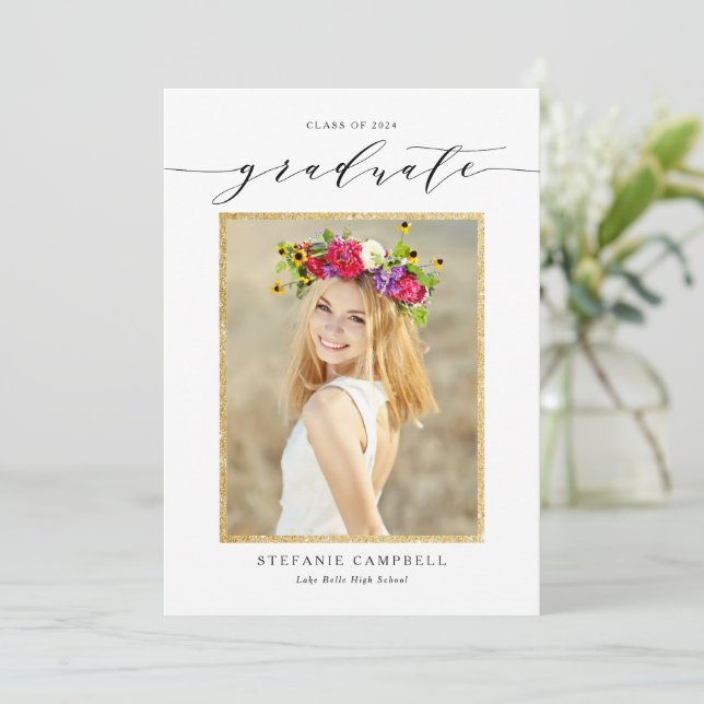 Whimsical Script Glitter Class of 2026 Graduation Announcement (Standing Front)