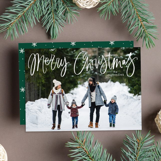 Whimsical Script Green Merry Christmas Photo Holiday Card (Creator Uploaded)