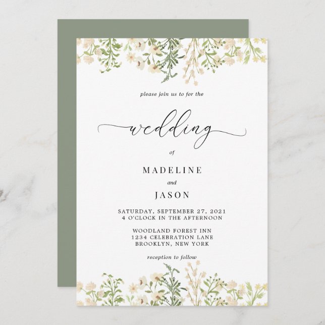 Whimsical Script Greenery Floral Wedding Invitation (Front/Back)