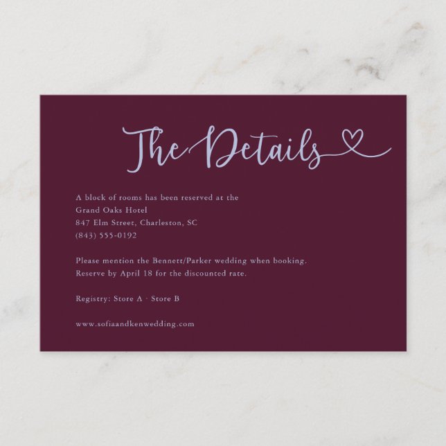 Whimsical Script Heart Plum Wedding Details Enclosure Card (Front)