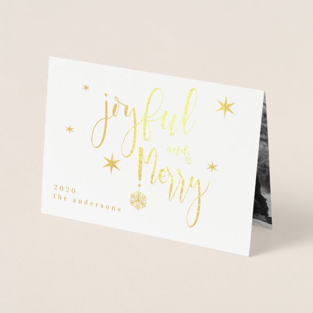 Whimsical Script Joyful And Merry Photo Foil Card (Front)