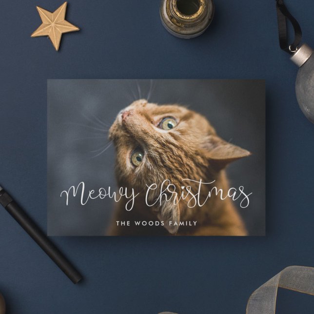 Whimsical Script Meowy Christmas Cat Photo Holiday Card (Creator Uploaded)
