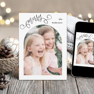 Whimsical Script Merry Simple Arch Photo Christmas Holiday Card
