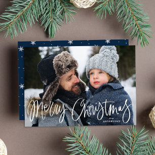 Whimsical Script Navy Merry Christmas Photo Holiday Card