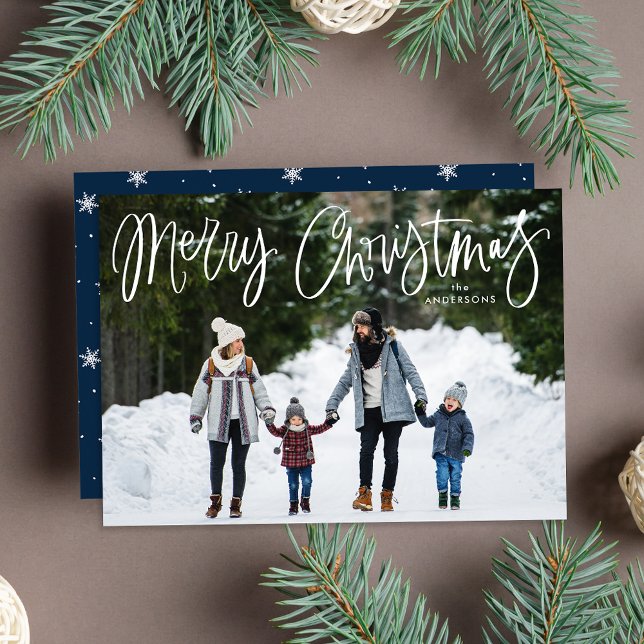 Whimsical Script Navy Merry Christmas Photo Holiday Card (Creator Uploaded)
