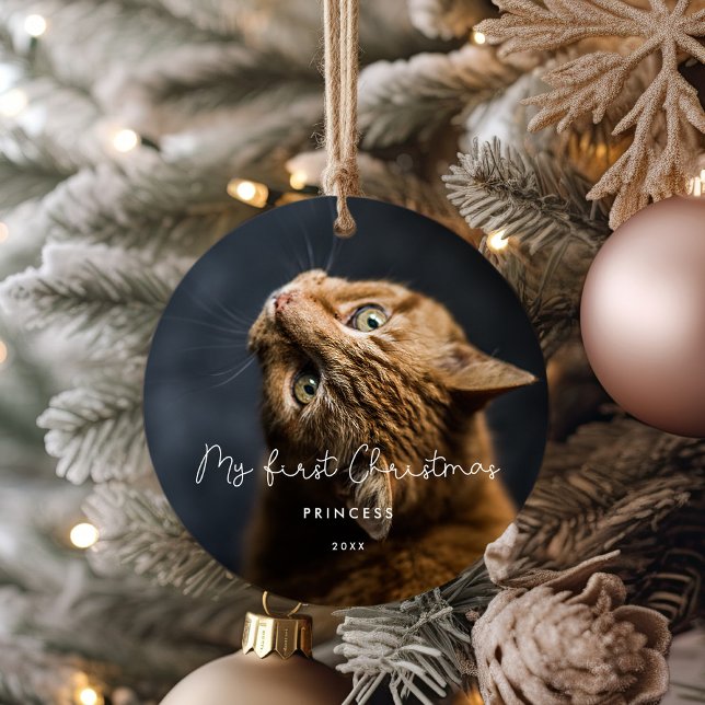 Whimsical script Pet First Christmas photo Ceramic Tree Decoration (Creator Uploaded)
