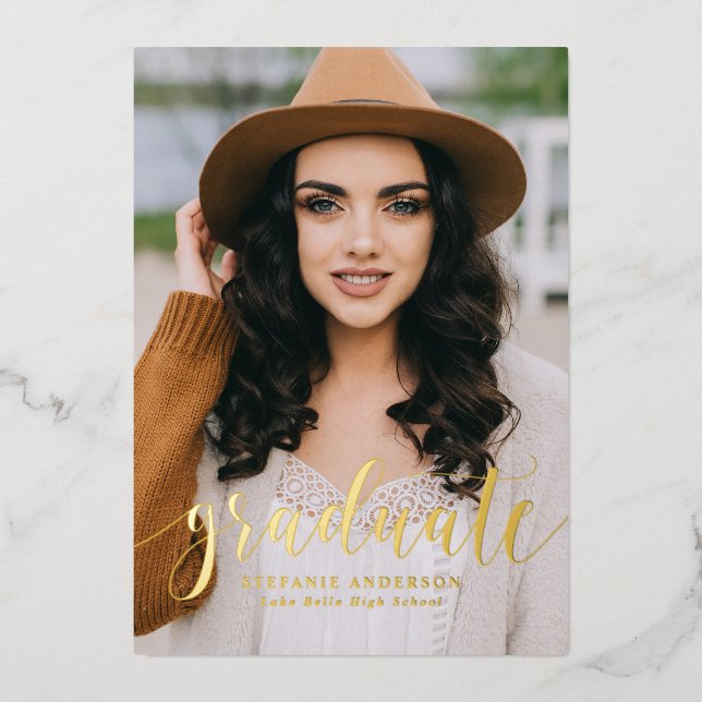 Whimsical Script Photo Graduation Party Gold (Front)