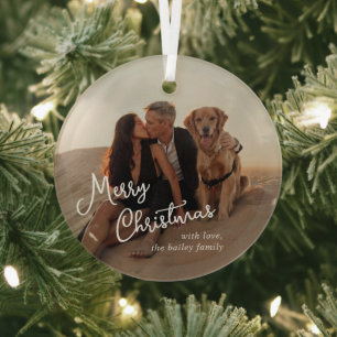 Whimsical Script Photo Modern Christmas Glass Tree Decoration