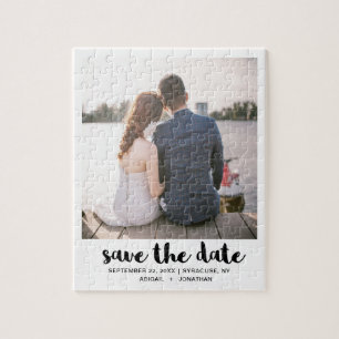 Whimsical Script Photo Save the Date Black Jigsaw Puzzle