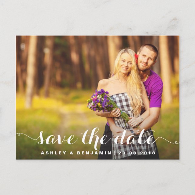 Whimsical Script Photo Save the Date Postcard (Front)