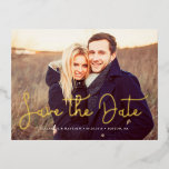Whimsical Script Photo Wedding Save the Date Foil Invitation Postcard<br><div class="desc">Trendy and playful script typography wedding save the date photo cards.</div>