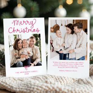 Whimsical Script Pink Bow Christmas 2 Photo Holiday Card