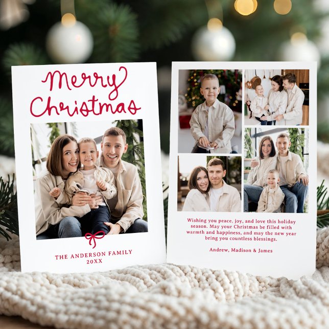 Whimsical Script Red Bow Christmas 5 Photo Holiday Card (Creator Uploaded)