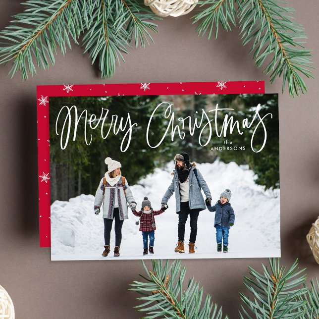 Whimsical Script Red Merry Christmas Photo Holiday Card (Creator Uploaded)