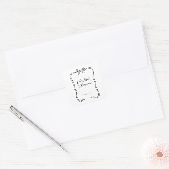 Whimsical Script Ribbon Border Wedding Square Sticker (Envelope)