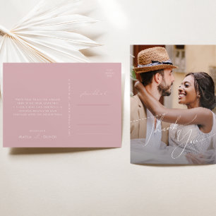 Whimsical Script   Rose Photo Wedding Thank You Postcard