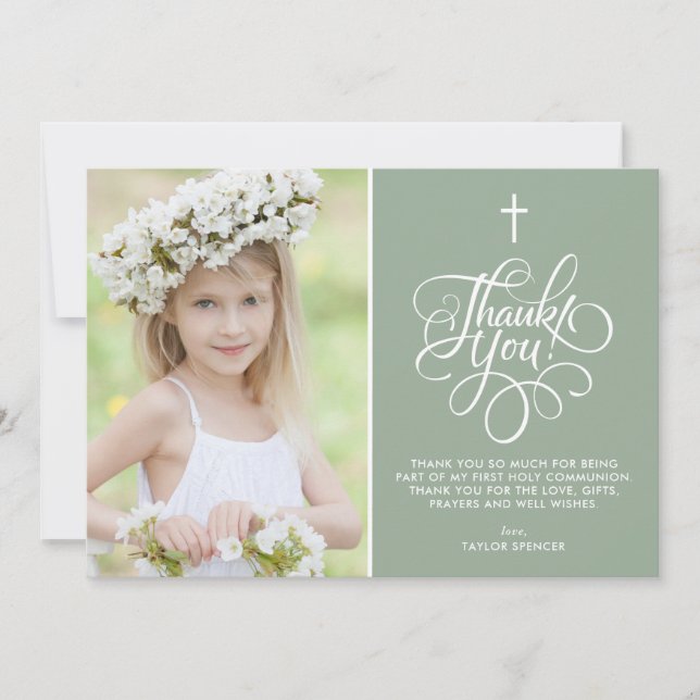 Whimsical Script Sage First Holy Communion Photo Thank You Card (Front)