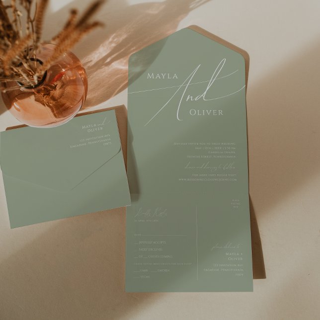 Whimsical Script | Sage Green Casual Seal and Send All In One Invitation (Creator Uploaded)